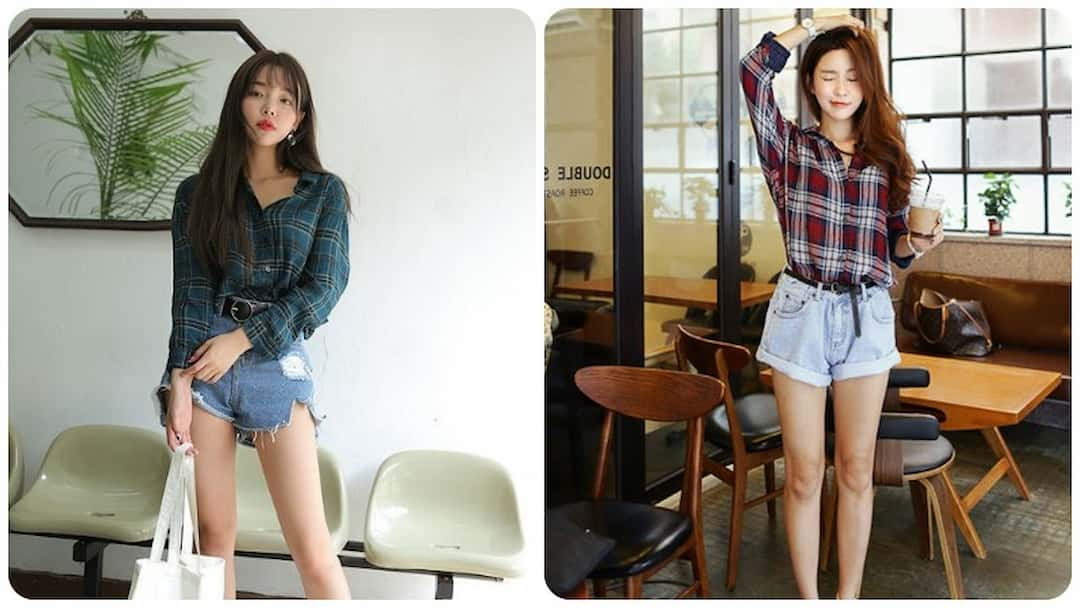 Quần short jeans mix cùng áo kẻ ngang đơn giản