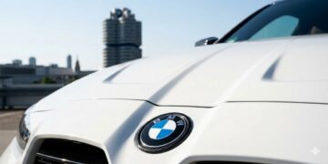 Hình ảnh cận cảnh logo BMW xanh trắng trên nắp capo trắng muốt