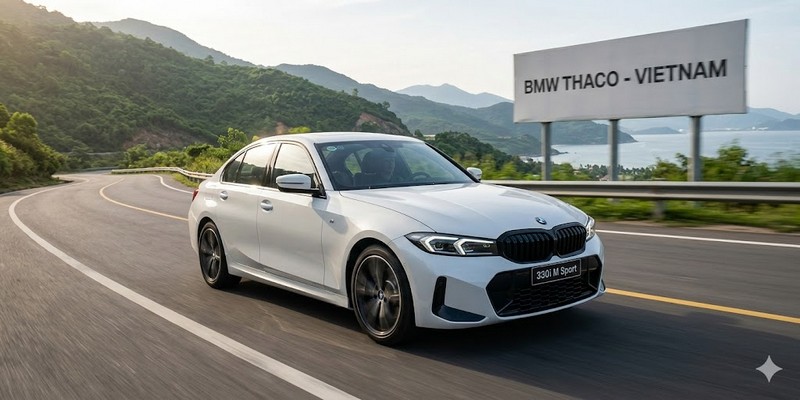 BMW 3 Series LCI màu trắng đang di chuyển năng động trên đường đèo ven biển Việt Nam